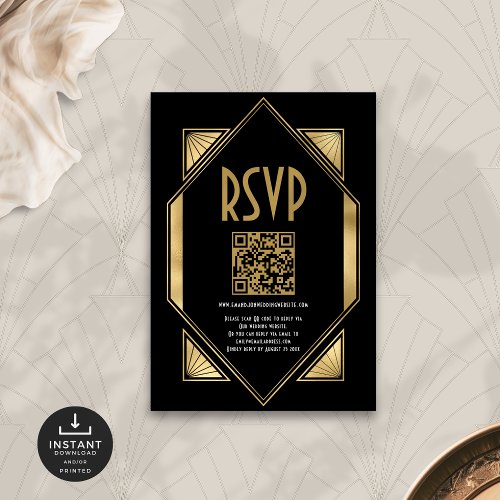Art Deco Gold Black QR Code Wedding RSVP Enclosure Card
