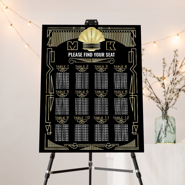 Art Deco Gold Black Reception Seating Chart Foam Board (In Situ (Stand))