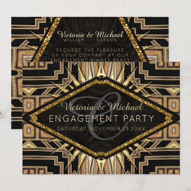 Art Deco Gold + Black Stylish Engagement Party Invitation (Front/Back)