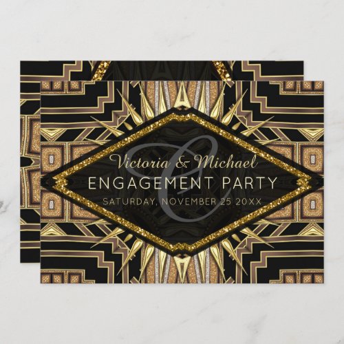 Art Deco Gold  Black Stylish Engagement Party Invitation