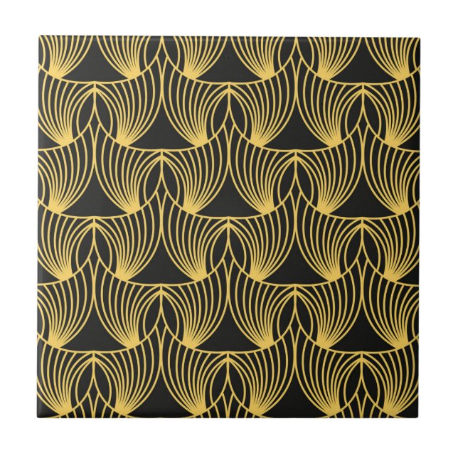 Art Deco gold black tiled pattern Ceramic Tile (Front)