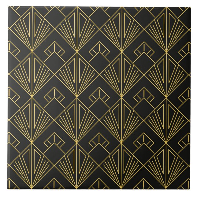 Art Deco gold black tiled pattern  Ceramic Tile (Front)