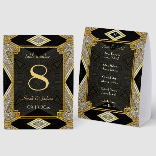 Art Deco Gold Black Wedding Table Number & Names Paper Table Tent