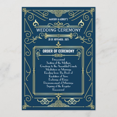 Art Deco Gold Blue Entourage Order of Ceremony Program