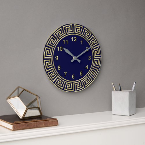 Art Deco Gold Blue Greek Key Border Gold Markers Large Clock