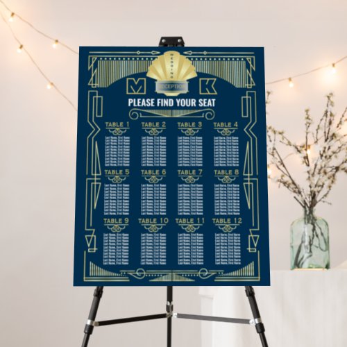 Art Deco Gold Blue Wedding Reception Seating Chart Foam Board