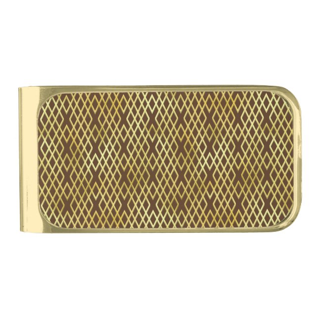 Art Deco Gold & Brown Diamond Pattern Gold Finish Money Clip (Front)