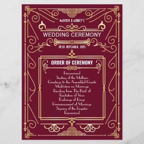 Art Deco Gold Burgundy Entourage Order of Ceremony Program