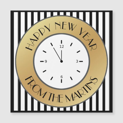 Art Deco Gold Clock and Stripes Happy New Year