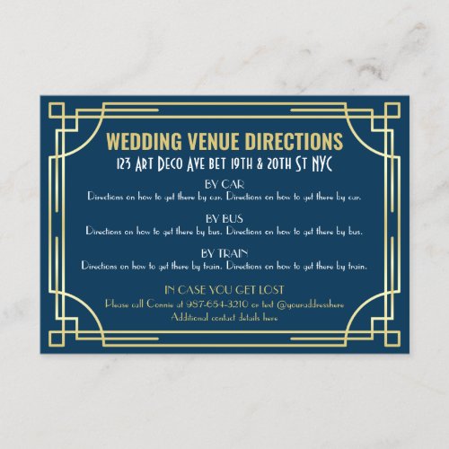 Art Deco Gold Dark Blue Wedding Map Directions Enclosure Card