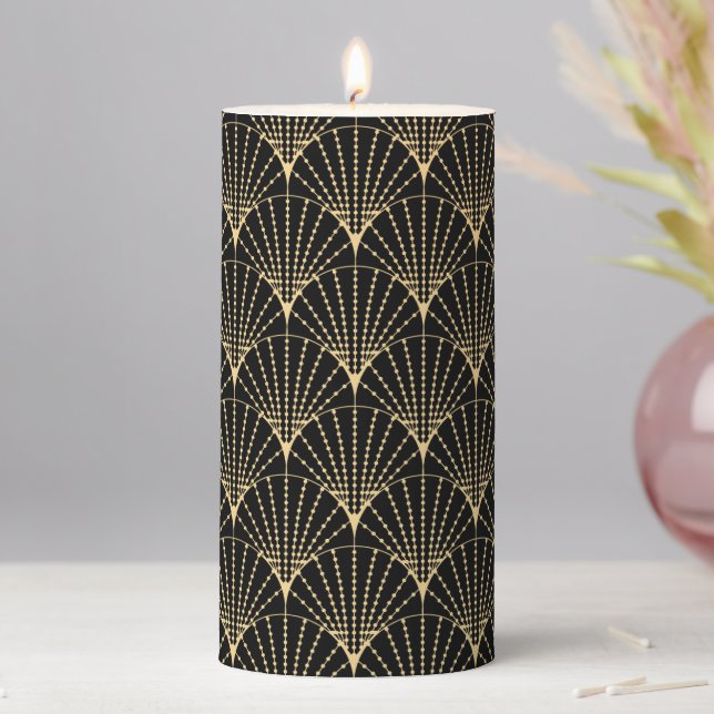 Art Deco Gold Dotted Line Fan Pattern Pillar Candle (In Situ)