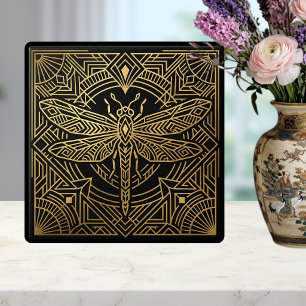 Art Deco Gold Dragonfly Black Geometric Design  Ceramic Tile