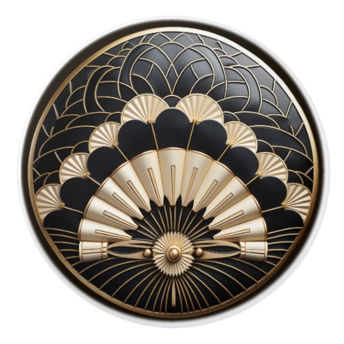  Art Deco Gold Egyptian Fans Shiny Black   Ceramic Knob