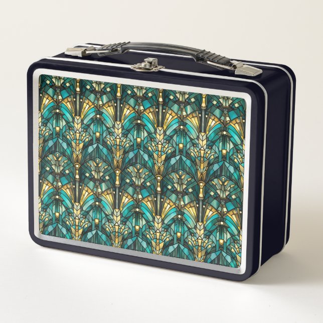 Art Deco Gold, Emerald Green & Teal Metal Lunch Box (Front)