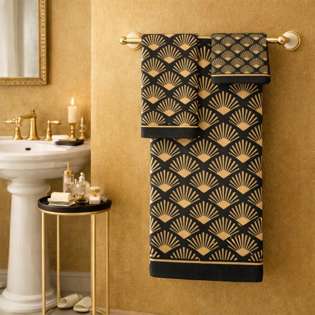 Art Deco Gold Fan Pattern Dark Brown Bath Towel Set (Creator Uploaded)