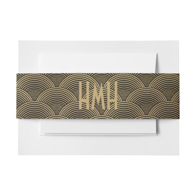 Art Deco Gold Fan Scallop Pattern Monogram  Invitation Belly Band (Front Example)
