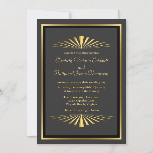 Art Deco Gold Fanfare Wedding Invitation | black (Front)