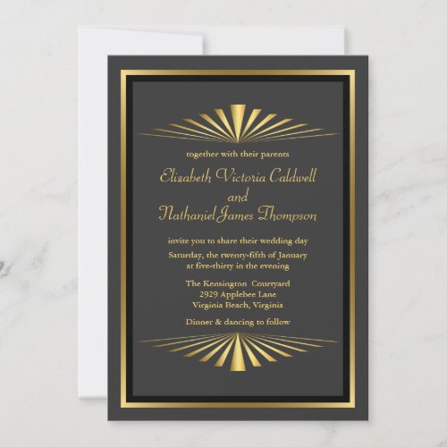 Art Deco Gold Fanfare Wedding Invitation  black