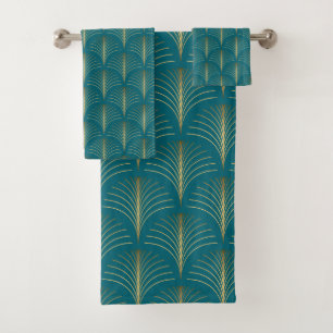 Art Deco Gold Fans on Turquoise Bath Towel Set