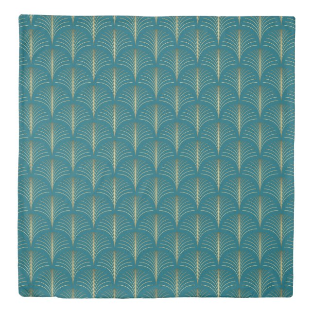 Art Deco Gold Fans on Turquoise Duvet Cover (Front)