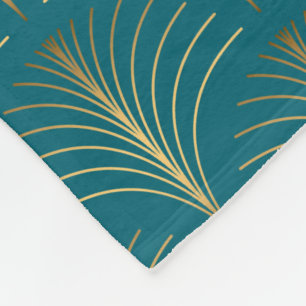Art Deco Gold Fans on Turquoise Fleece Blanket