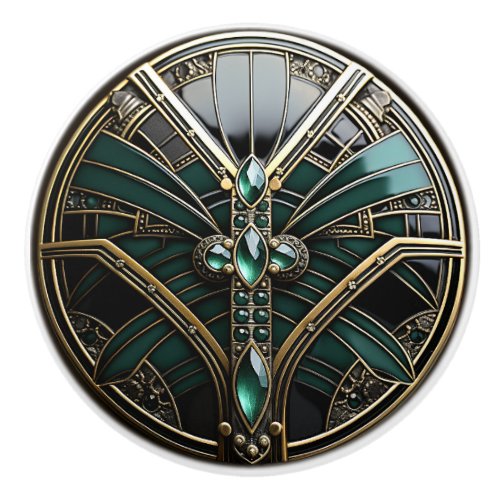  Art Deco Gold Filigree Emerald Green and Black  Ceramic Knob