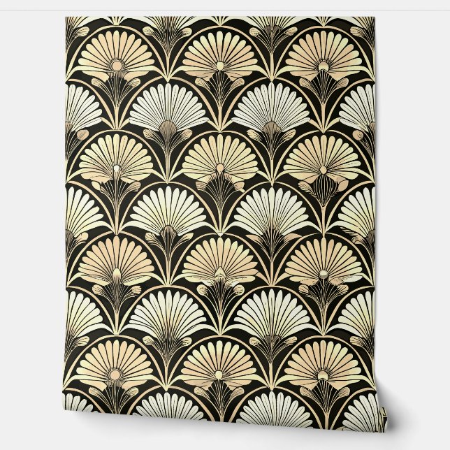 Art Deco Gold Floral Fan Accent Wall Wallpaper (Unrolling)