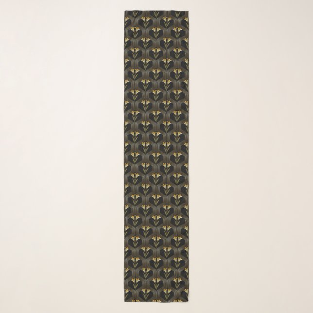 Art Deco Gold Floral Geometric Black Pattern Scarf (Front)