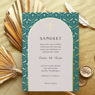 Art Deco Gold Floral Indian Wedding Sangeet Foil Invitation