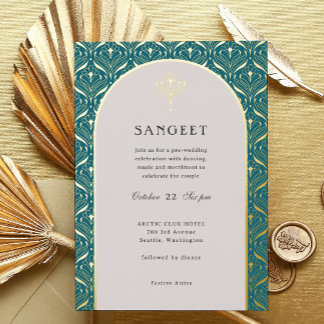 Art Deco Gold Floral Indian Wedding Sangeet Foil Invitation