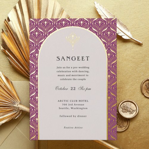 Art Deco Gold Floral Indian Wedding Sangeet Foil Invitation