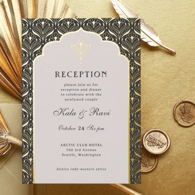 Art Deco Gold Floral Lotus Wedding Reception Foil Invitation (art deco reception invitation, indian wedding invitation, hindu wedding invite, metallic gold foil)