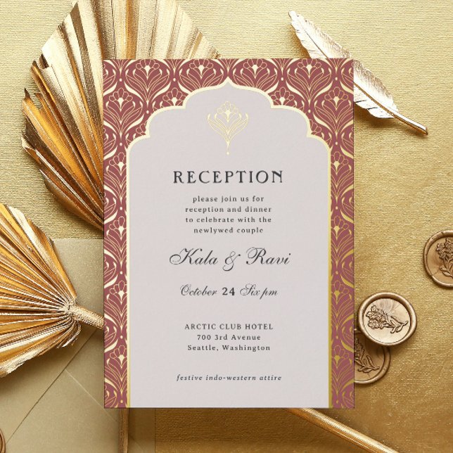 Art Deco Gold Floral Lotus Wedding Reception Foil Invitation (art deco reception invitation, indian wedding invitation, hindu wedding invite, metallic gold foil)
