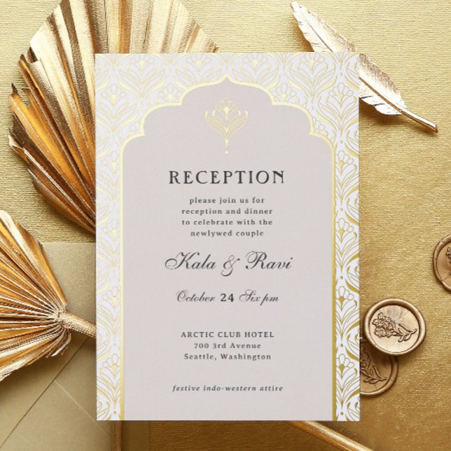 Art Deco Gold Floral Lotus Wedding Reception Foil Invitation (art deco reception invitation, indian wedding invitation, hindu wedding invite, metallic gold foil)