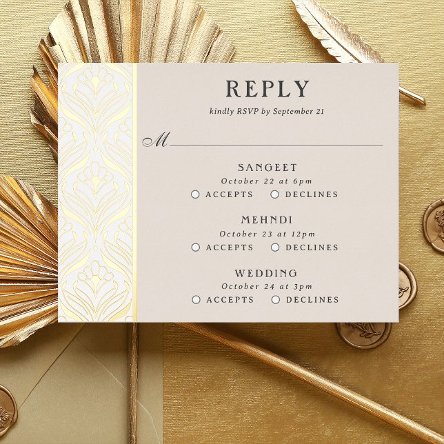 Art Deco Gold Floral Wedding Multi Event RSVP Card (multi event RSVP card, indian wedding invitation response card, hindu wedding reply card enclosure)