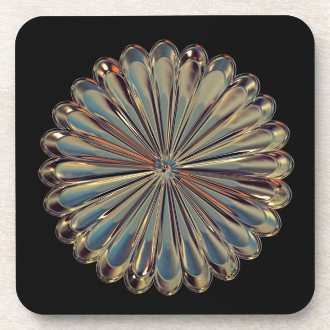 Art deco gold flower metallic medallion beverage coaster (Front)
