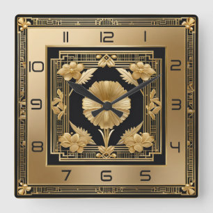Art Deco gold flower Square Wall Clock