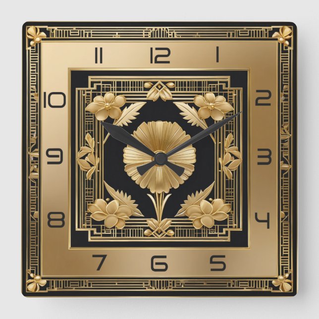 Art Deco gold flower Square Wall Clock (Front)