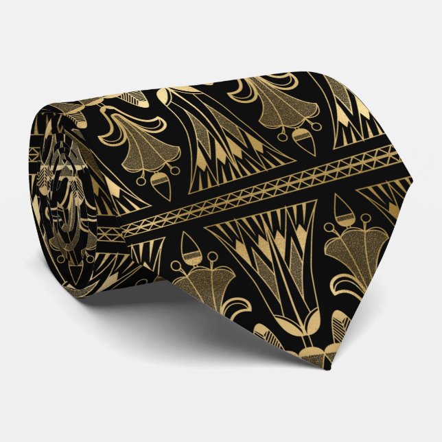 Art Deco Gold Foil On Black Ornate Patterned Tie (Rolled)