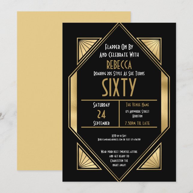 Art Deco Gold Frame 60th Birthday Party Black Invitation (Front/Back)