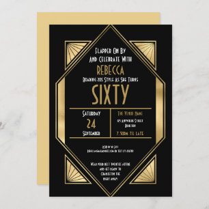 Art Deco Gold Frame 60th Birthday Party Black Invitation