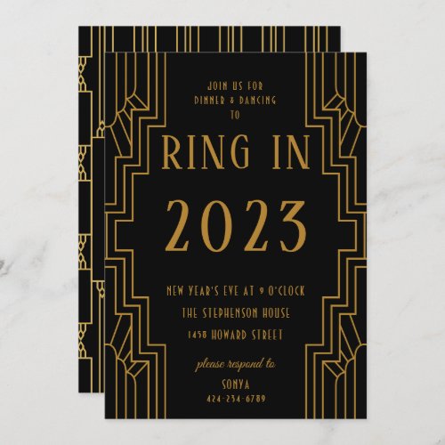 Art Deco Gold Frame New Years Eve Party Black Invitation