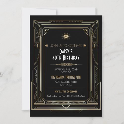 Art Deco Gold Frame Roaring Twenties Party Invitation