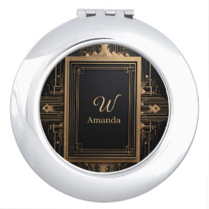 Art Deco Gold Frame with Custom Name and Initial Compact Mirror