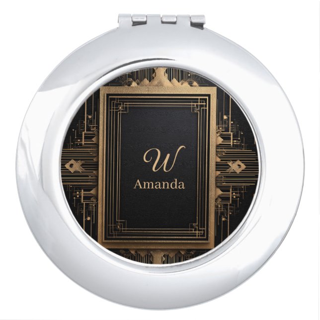 Art Deco Gold Frame with Custom Name and Initial Compact Mirror (Front)
