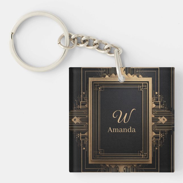 Art Deco Gold Frame with Custom Name and Initial Keychain (Front)