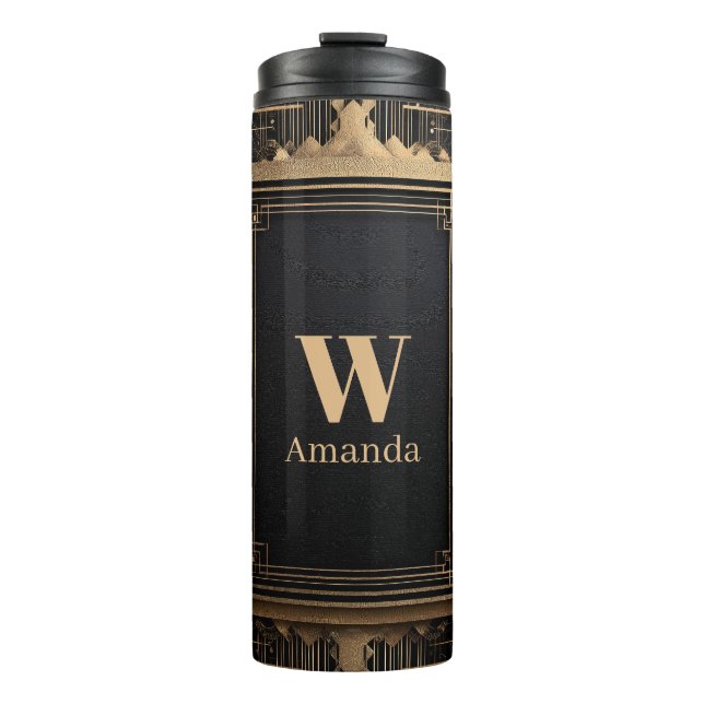 Art Deco Gold Frame with Custom Name and Initial Thermal Tumbler (Front)