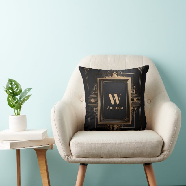 Art Deco Gold Frame with Custom Name and Initial Throw Pillow (Chair)