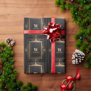 Art Deco Gold Frame with Custom Name and Initial Wrapping Paper