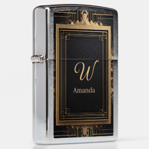 Art Deco Gold Frame with Custom Name and Initial Zippo Lighter